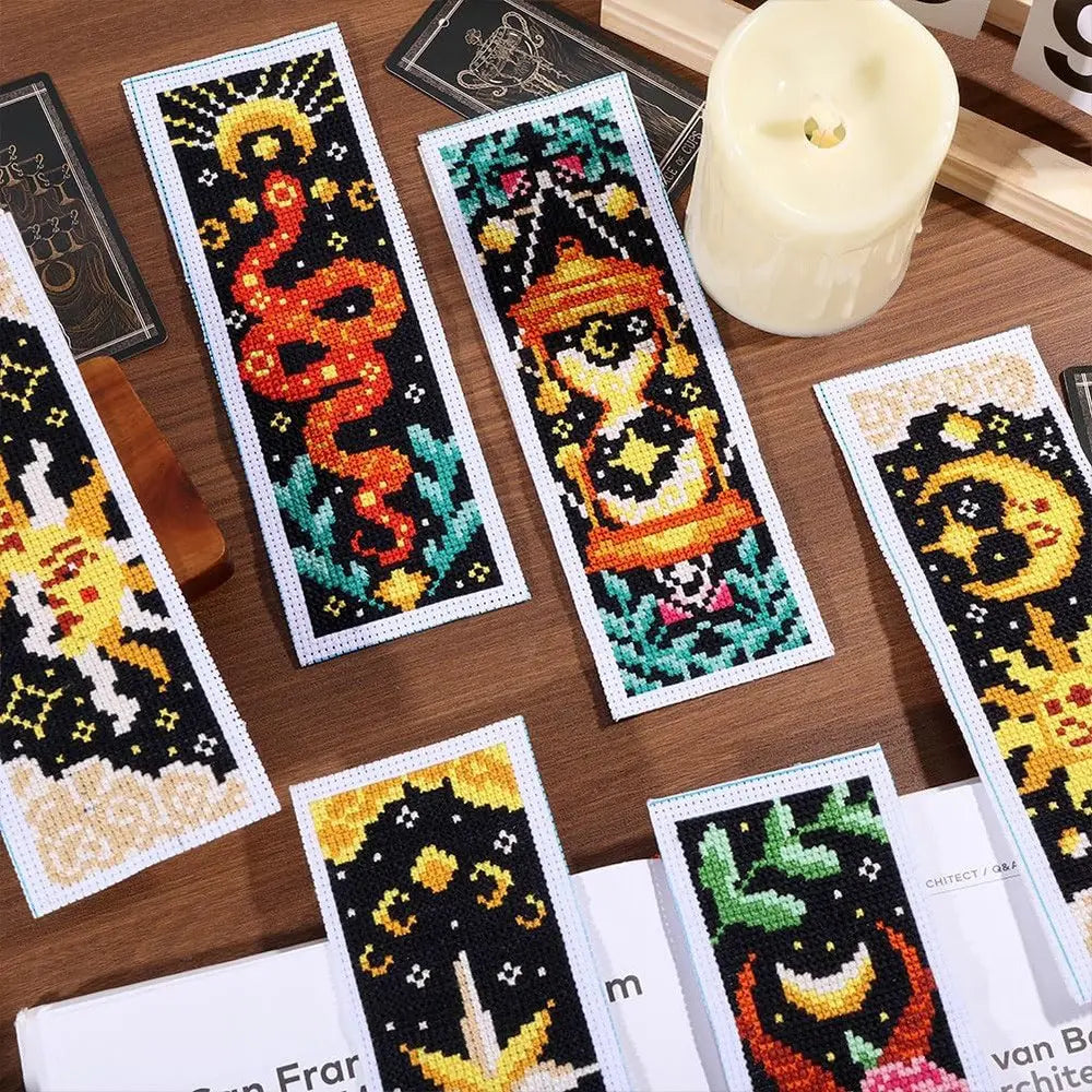6-Piece Tarot Cross-Stitch Bookmark Kit, Creative Fabric Bookmarks, Includes Printed Fabrics, Embroidery Thread & Embroidery Tools, Ideal for Beginners