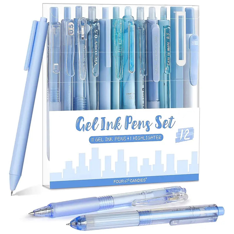 Four Candies Gel Ink Pen Set,14PCS Pen Set with Case, Cute Note Taking 0.5mm Fine Point Retractable 12PCS Black Ink Pens with 2 Highlighter for School, Note Taking,Writing, Office Supplies, girly office supplie,journaling supplies Pastel Markers Portable