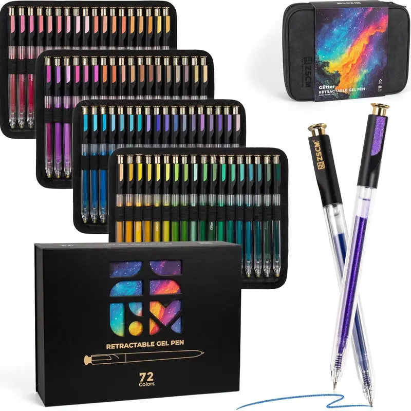ZSCM Retractable Glitter Gel Pens, 12-Color Large Capacity with Skin Tone Metallic Glitter Ink, 1mm Fine Point, Smooth Stroke, Convenient Storage, Adult Art Supplies with Retractable Design Suitable for Coloring and Writing