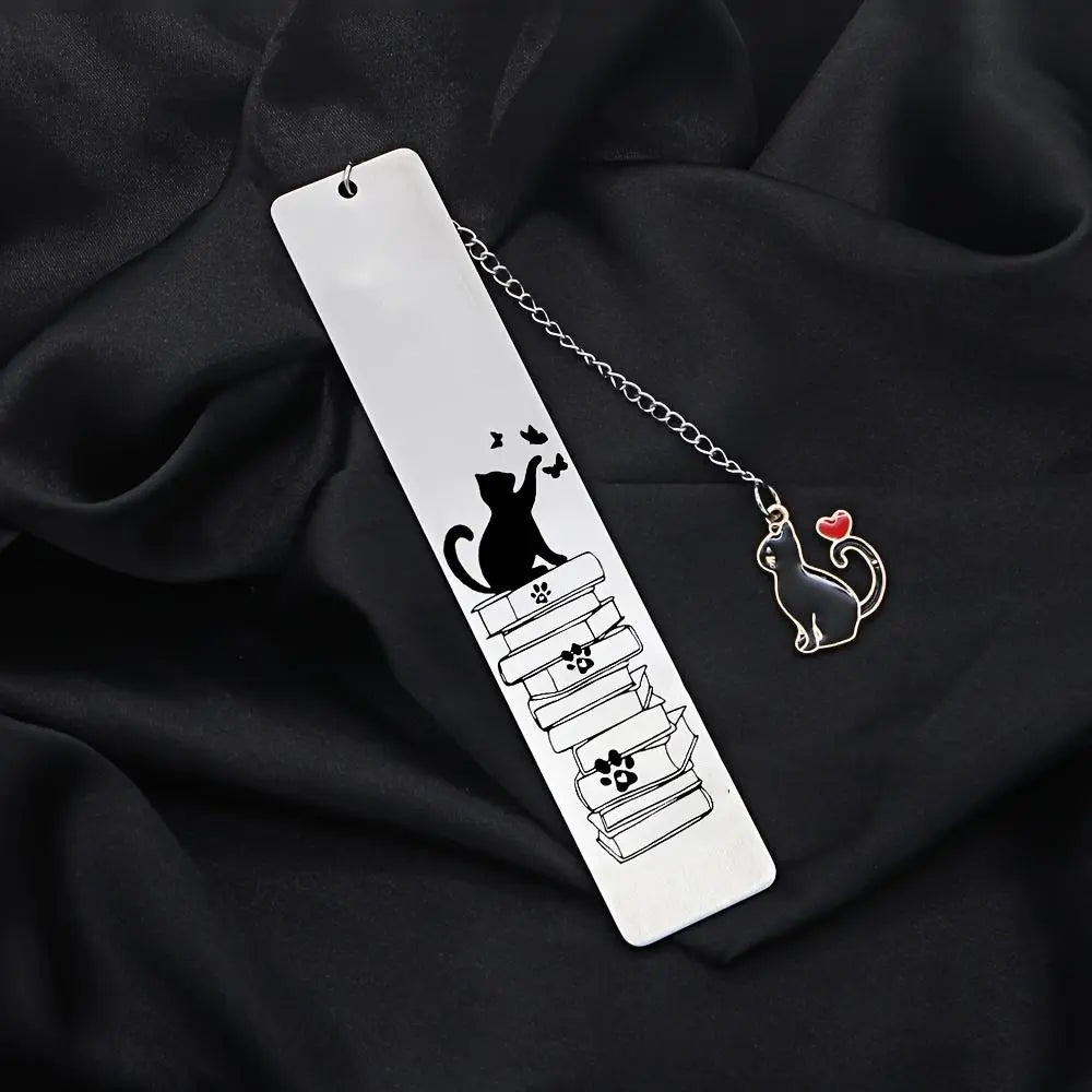 Cartoon Cat & Book Design Bookmark, 1 Count Stainless Steel Bookmark with Butterfly Pendant, Creative Bookmark for Teacher & Students, Book Accessories