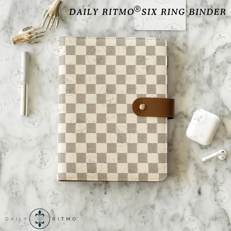 DAILY RITMO A5 Checkered PU Leather Cover 6-Ring Binder - 160-Page 26lb 7"x9" Daily To-Do List Notepad, Easy Care Work Organizer, Planner Accessories, Office Stationery Binder