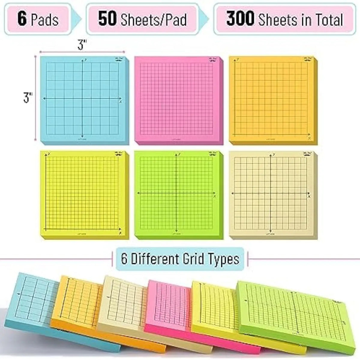 Graph Sticky Notes Set, 3x3 Inch Grid Memo Pads, 300 Sheets Total, Colorful Self-Stick Notes for Math, Studying, Office, School, Office Supplies