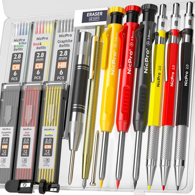 Nicpro 6+40 Pieces Mechanical Pencils Refill Kit - Heavy Duty Portable Pencils Set with Sharpener, Automatic Center Punch, Carbide Scribe Tool & Case for Architects