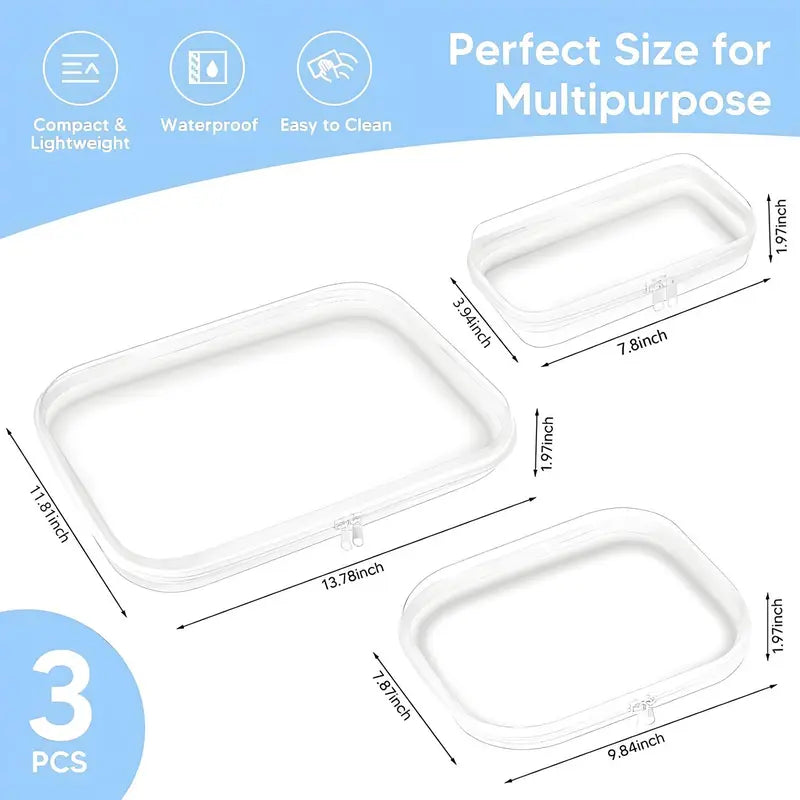 3-Pack Compact Hard PVC Resists Wear Waterproof Hard Shell Double Zipper Pouch - Rounded Edges Safer, Stationery Kitchen Utensil Storage Organizer, Desk Clutter Tamed, Easy to Pack for Trips and Commutes