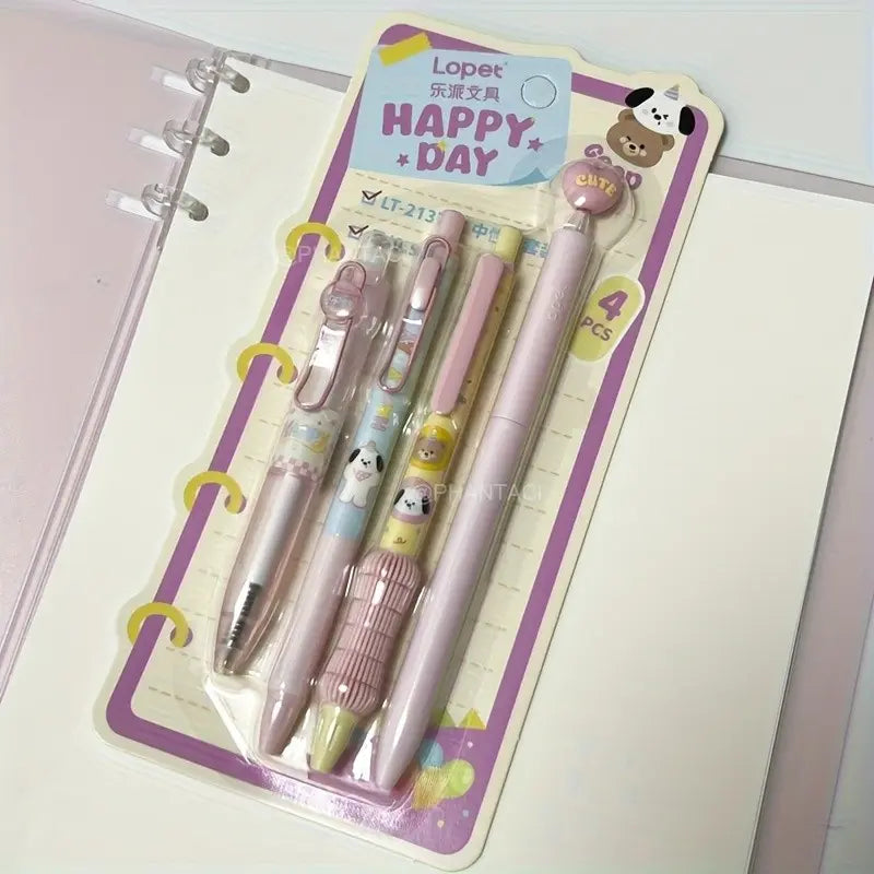 4pcs Creative Cartoon Gel Pens, Dog Rabbit Cat and Bear Pattern Writing Pens, 0.5mm Fine Point, Office Supplies, Cute Study Pens, Aesthetic Pens