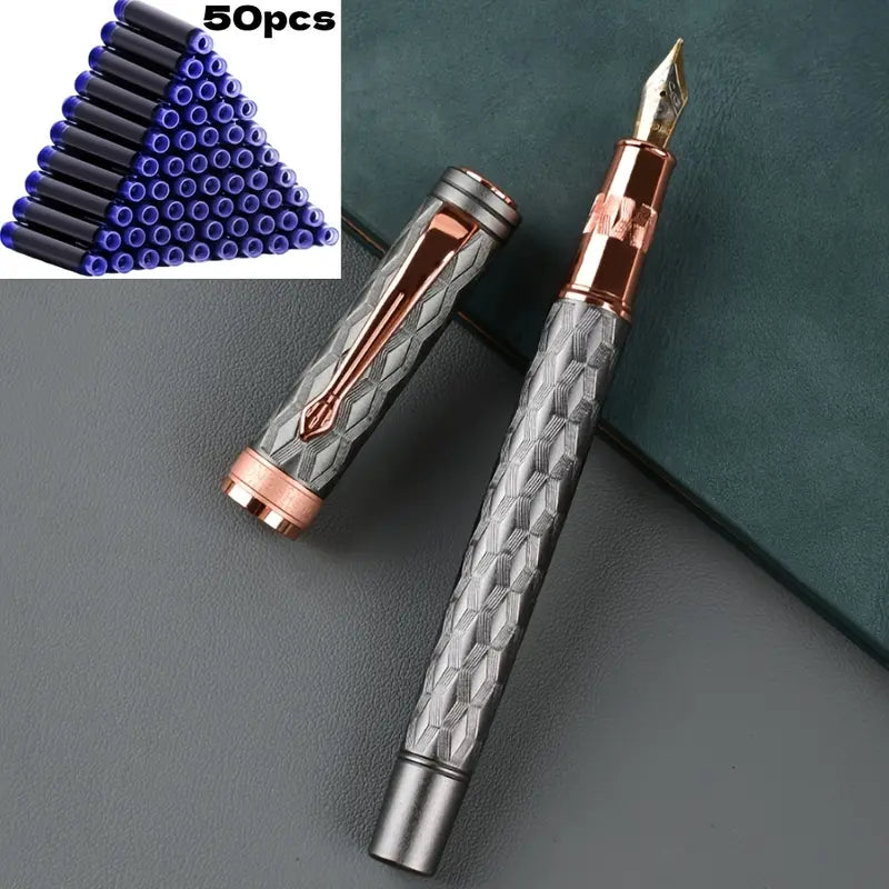 51-Piece Fountain Pen Kit, Office Stationery Supplies - 0.5mm Hand-Polished Tip Pens for Work, 50 Ink Cartridges, Stainless Steel Engraved Barrel, Gold-Plated Clip, Electroplating Finish, for Students, Calligraphy, Thanksgiving Father’s Day Gifts