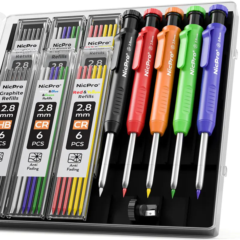 Nicpro Mechanical Pencil Set with Sharpener, 26 Refills Incl., Deep Hole Tip Marker, Heavy Duty Carpenter Pencils for Construction (Black, Red) - With Case