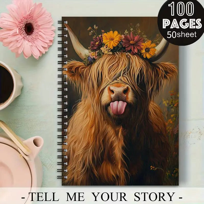 1 Spiral Notebook, 5.7x8.26 inch, Highland Cow Design, Aesthetic Notebook, Perfect for Daily Journal, Travel Notes, Camping Log, Birthday Gift, Christmas Present, Stationery for Cow Lovers, Students, Office Workers, Durable Spiral Binding
