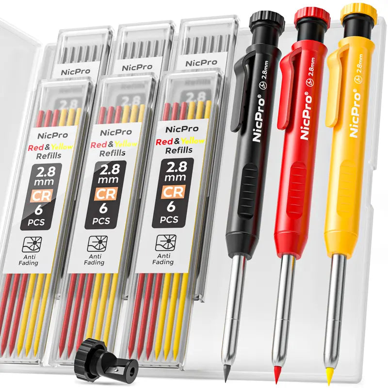 Nicpro Mechanical Pencil Set with Sharpener, 26 Refills Incl., Deep Hole Tip Marker, Heavy Duty Carpenter Pencils for Construction (Black, Red) - With Case