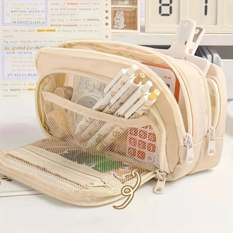 Durable Extra-Large Polyester Pencil Case, Multi-Compartment Versatile Organizer for School & Office Supplies, Cosmetics, Ideal for All Users