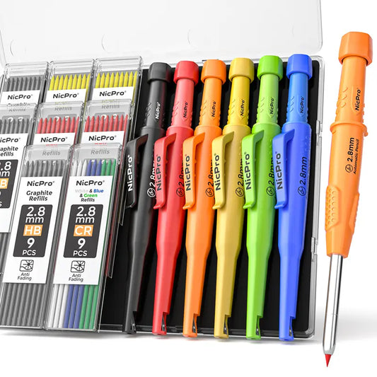 NicPro CP3000 Set 2.8mm Heavy-Duty Mechanical Pencils (Mechanicalpencil) with Deep Hole Tip, Sharpener & Refill Packs, for Woodworking Architect Marking & Office Stationery Writing Tools (Marks on Wood and Metal)