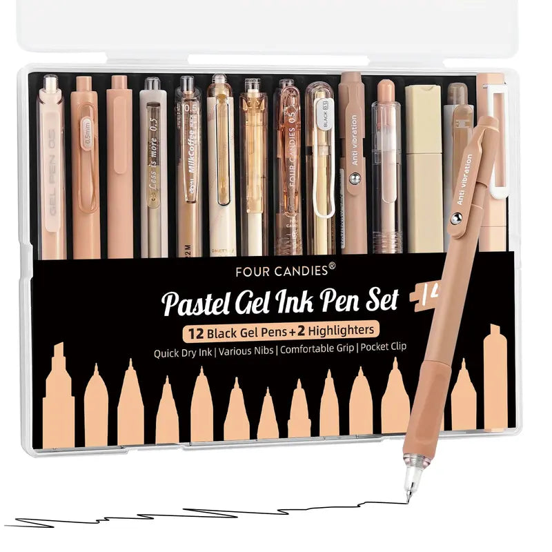 Four Candies Gel Ink Pen Set,14PCS Pen Set with Case, Cute Note Taking 0.5mm Fine Point Retractable 12PCS Black Ink Pens with 2 Highlighter for School, Note Taking,Writing, Office Supplies, girly office supplie,journaling supplies  Pastel Markers Portable
