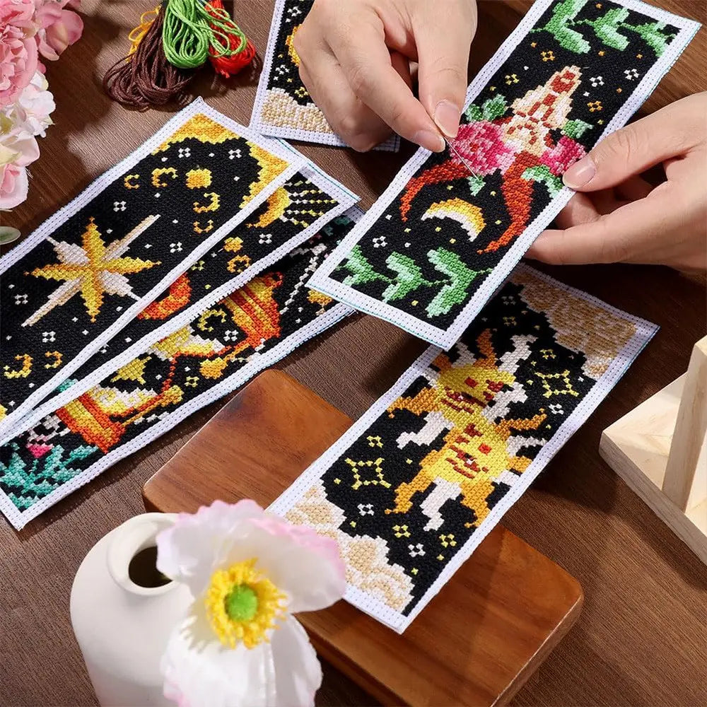 6-Piece Tarot Cross-Stitch Bookmark Kit, Creative Fabric Bookmarks, Includes Printed Fabrics, Embroidery Thread & Embroidery Tools, Ideal for Beginners