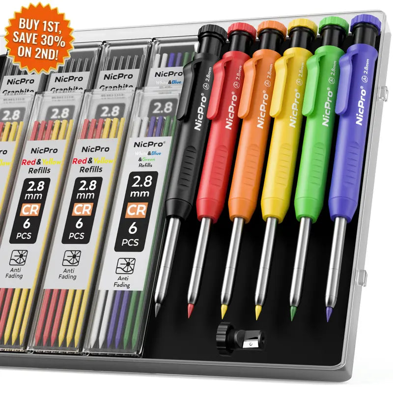 Nicpro 6-Pack New Portable Precise Tip Carpenter Mechanical Pencils Set - Heavy Duty for Woodworking, Construction, with Sharpener, Case, Deep Hole Tip Marker, 52 Refills (Office Stationery Writing Tool)