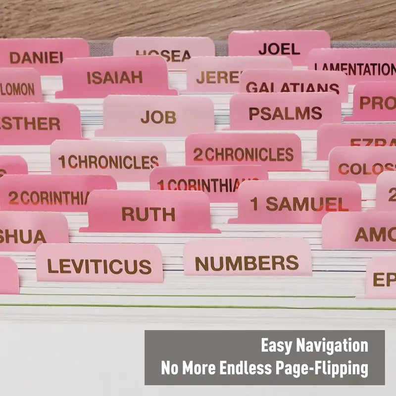 Pink  Tabs for Women - Large Print Laminated  Study Supplies with 24K  Leaf Gilded Lettering, Book Index Tabs for Catholic & ESV , Scripture Journaling Accessories