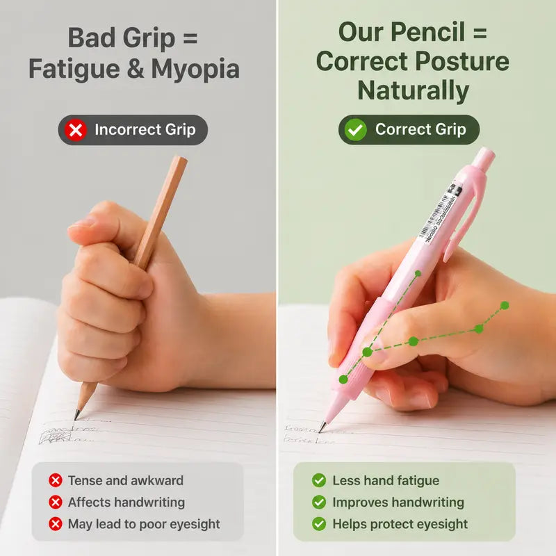 Children's Large Grip Posture Correction Pencils Set - 3 Pencils, 80x2.0mm Lead Refills, 3 Erasers, 1 Sharpener, Grip Training, Durable, Multi Purpose Pens, Back to School Office Stationery for Writing & Myopia Prevention