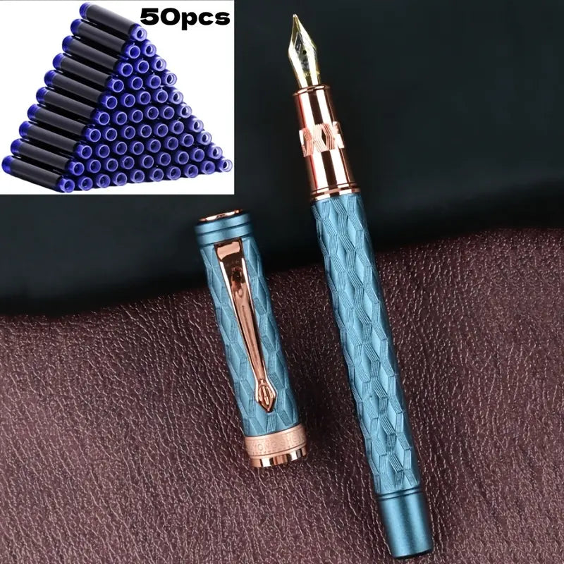 51-Piece Fountain Pen Kit, Office Stationery Supplies - 0.5mm Hand-Polished Tip Pens for Work, 50 Ink Cartridges, Stainless Steel Engraved Barrel, Gold-Plated Clip, Electroplating Finish, for Students, Calligraphy, Thanksgiving Father’s Day Gifts