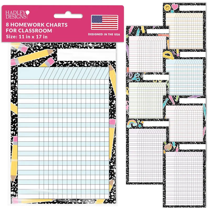 Hadley Designs Homework Trackers Sticker Packs - 8 Assorted Sticker Sheets, 11x17 Inch Laminate, Classroom-Home School Supplies, Visual Learning Tools That Builds Responsibility