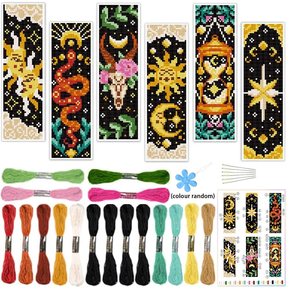 6-Piece Tarot Cross-Stitch Bookmark Kit, Creative Fabric Bookmarks, Includes Printed Fabrics, Embroidery Thread & Embroidery Tools, Ideal for Beginners