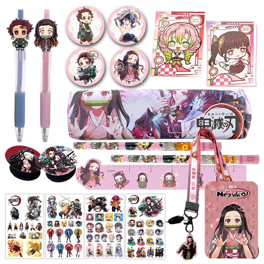 Demon Slayer Anime Cute Pencil Pouch Stationery Kit - 20pcs Pink Study Supplies, Aesthetic School Character Art Print Cartoon Zipper Bag (Luggage & Bag Accessories)