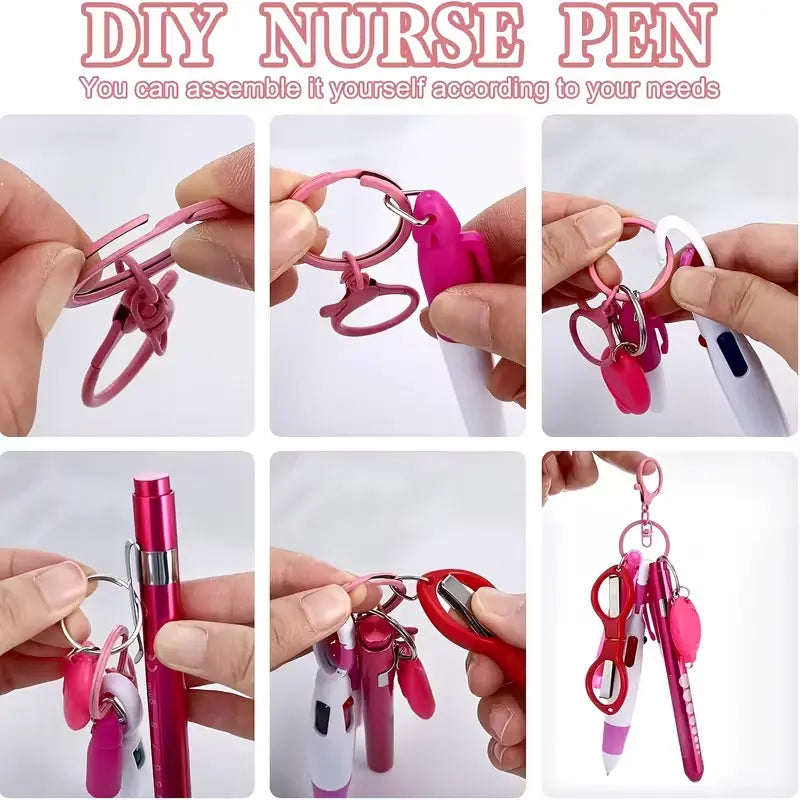 Nurse Pen Set - 2 Sets Zinc Alloy Retractable Ballpoint Pens, Permanent Markers, Highlighters, Compact Foldable Scissors, Badge Reel Holder Clips, Keychain Clips - Healthcare Pros Multi-Tool Pack Office Stationery, Thoughtful Gift, Graduations, Adults, Of