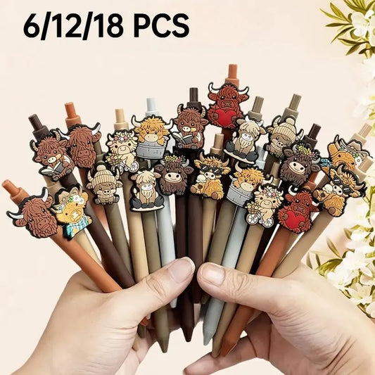 6/12/18 Pack Highland Cow 3D Cartoon Ballpoint Pens, Funny Teacher Pens, Aesthetic Pens, Unique Pens, Animal Design Pens, Animal Decor Office Stationery, Cute Kawaii Desk Supplies, Novelty Workspace Gifts for Coworkers, Friends & Pen Collectors