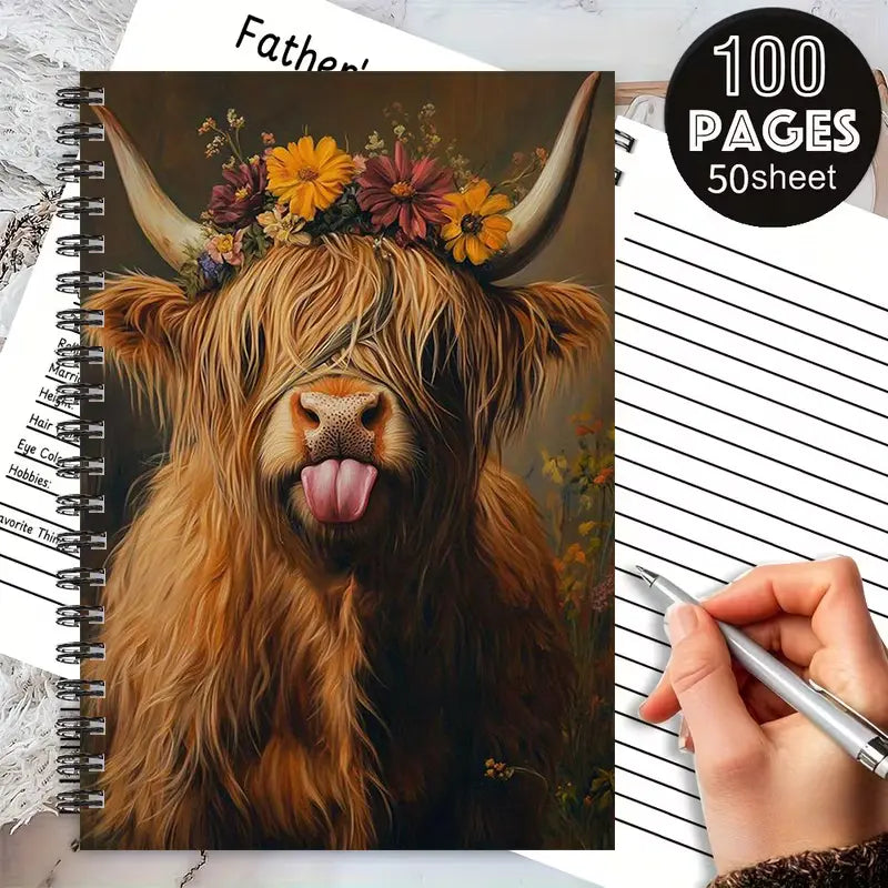 1 Spiral Notebook, 5.7x8.26 inch, Highland Cow Design, Aesthetic Notebook, Perfect for Daily Journal, Travel Notes, Camping Log, Birthday Gift, Christmas Present, Stationery for Cow Lovers, Students, Office Workers, Durable Spiral Binding