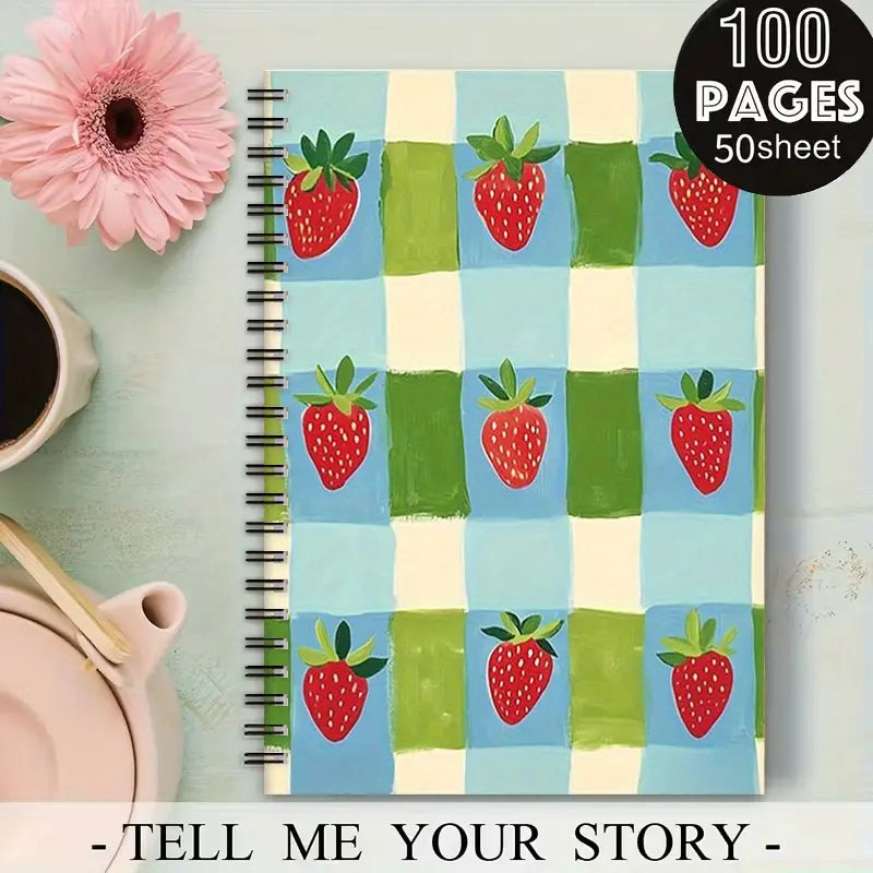 1 Spiral Notebook 5.7x8.26 Inch, Cute Strawberry Plaid Design, Aesthetic Notebook, Lined Pages, Durable Coil Binding, Perfect for Summer Camp Journal, Travel Notes, Daily Planner, Back to School Gift