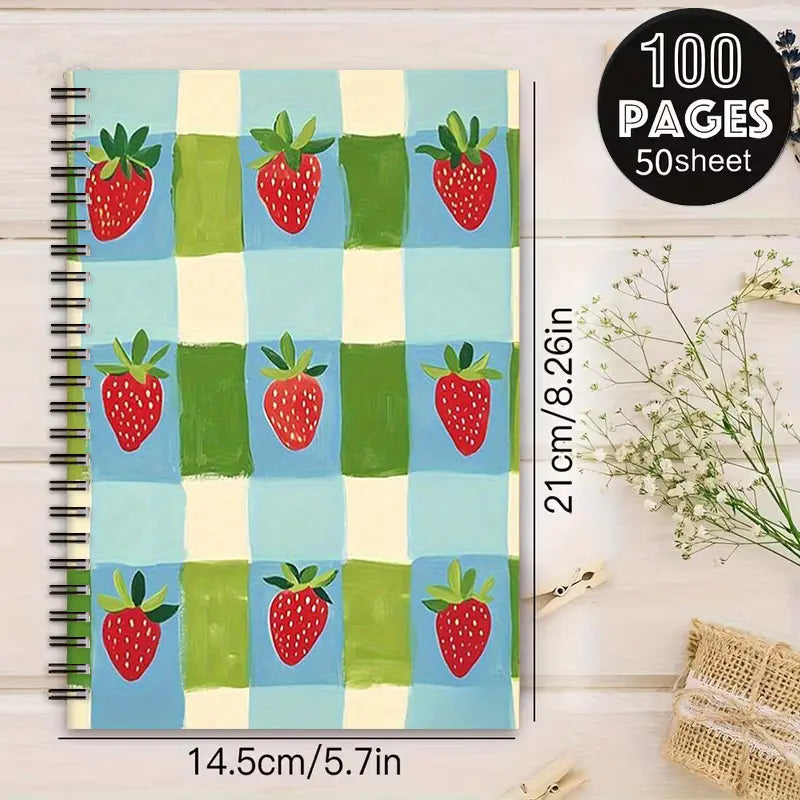 1 Spiral Notebook 5.7x8.26 Inch, Cute Strawberry Plaid Design, Aesthetic Notebook, Lined Pages, Durable Coil Binding, Perfect for Summer Camp Journal, Travel Notes, Daily Planner, Back to School Gift