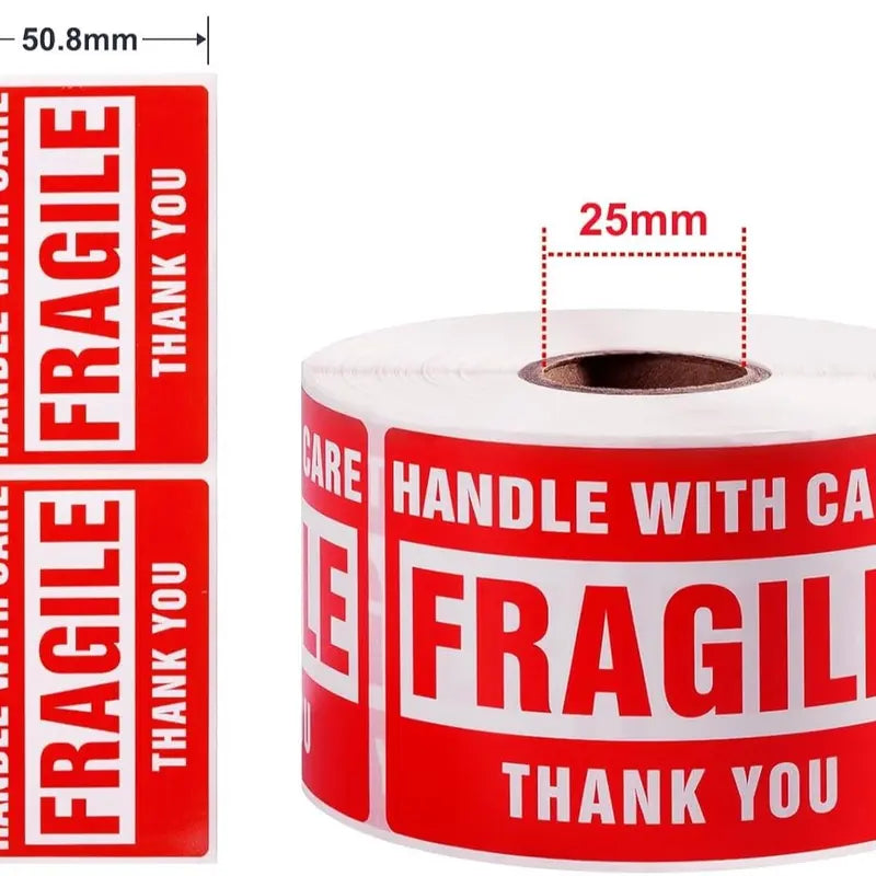 Red "Handle with Care" Extra Sticky Fragile Labels, 2x3 in 500 Stickers, Permanent Peelable Colored Digital Print Shipping Labels for Office Stationery Supplies