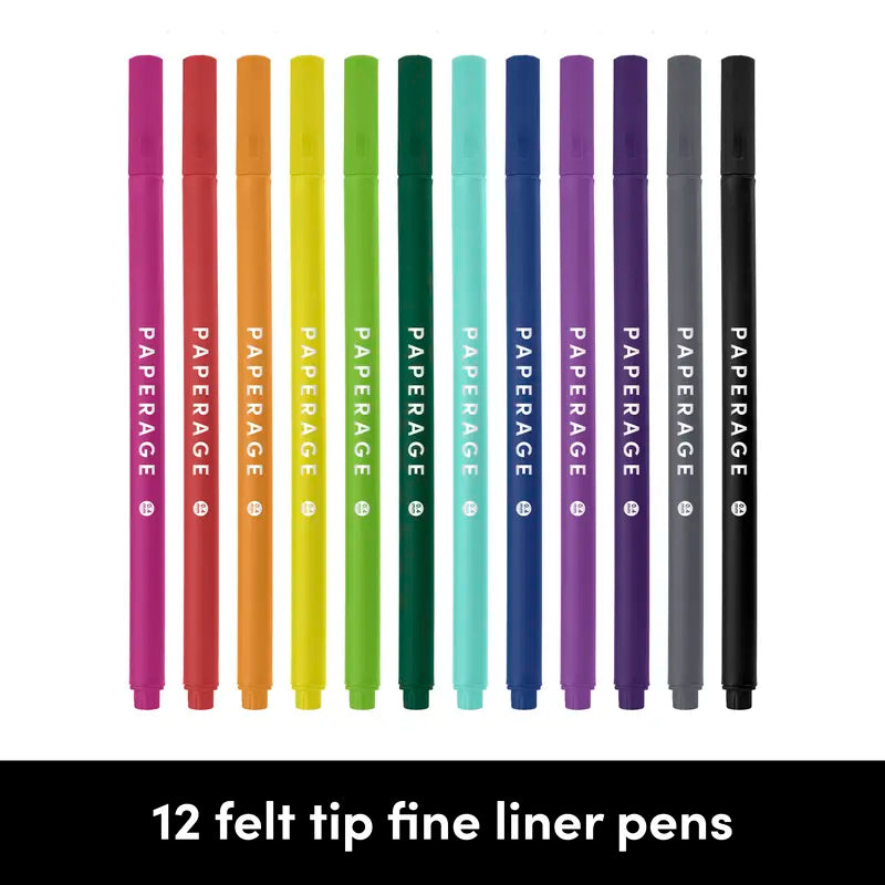 PAPERAGE Felt Tip Fine Liner Pen Set - Smooth Metal Nib, Precise Lines, Office Stationery for Writing, Bullet Journaling, Back to School & Learning Supplies