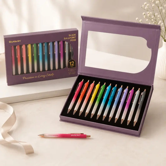 Shuttle Art 12-Pack Assorted Colors Fancy Retractable Ball Point Pens, 1.0mm Medium Point Waterproof Black Ink, Metal Clip Secure, Pens for Work & Adult Office Stationery School Supplies