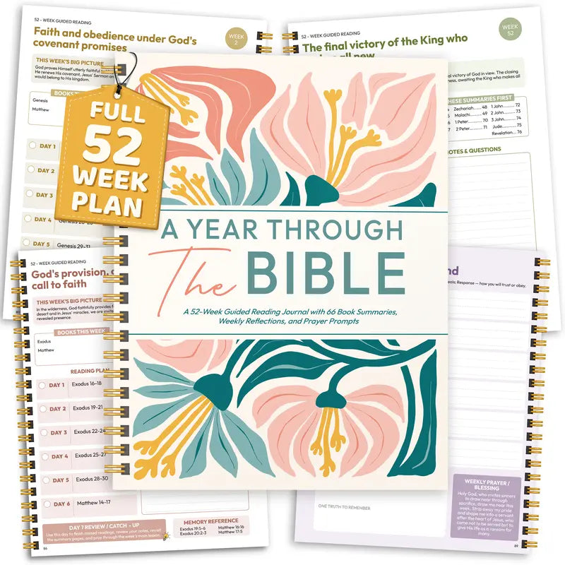A Year Through The Bible Journal, 52 Week Bible Study Guide, Spiral Bound Bible Reading Plan with 66 Book Summaries, Devotional Journal, Prayer & Reflection Notebook for Women Adults Teens
