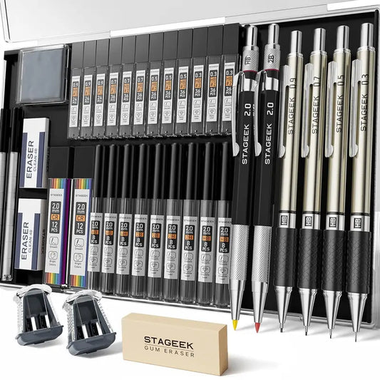 STAGEEK 6-Pack Art Mechanical Pencil Set - 3 Metal Drafting Pencils (0.5/0.7/0.9mm), 3 2mm Graphite Lead Holders (2B/HB/2H), 492PCS Multi-Hardness Leads for Sketching/Writing | Drawing Supplies, Writing Stationery, Back to School Haul