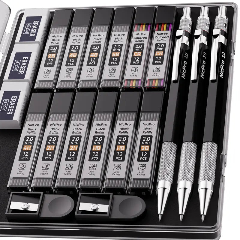 Nicpro Art Drafting Pencils Set, Multi-Size Metal Pencils (0.5/0.7/0.9) & 3-Pack 2mm Lead Holder with 11 Tube 2mm Graphite (6B/4B/2B/HB/2H/4H) Sketching Tool, Lead Refill Kit & Case
