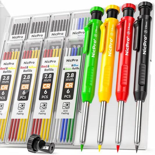 Nicpro 4-Pack 2.8mm Refillable Heavy-Duty Mechanical Carpenter Pencils with Sharpener, 52 Refills & Color Marker Set for Architects, Durable Woodworking Office Stationery Marking Tools