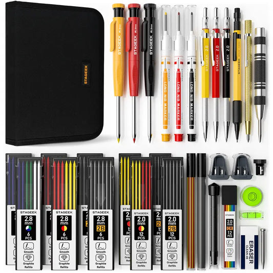 STAGEEK 34-Pack Multifunctional Tool Pen Pencils Office Supplies Set with Sharpener, 1.3mm Metal-Grip Mechanical Carpenter Pencils, 2.0mm Balanced Weight Deep Hole Long-Nib Markers, Carbide Scribe & Case for Woodworking