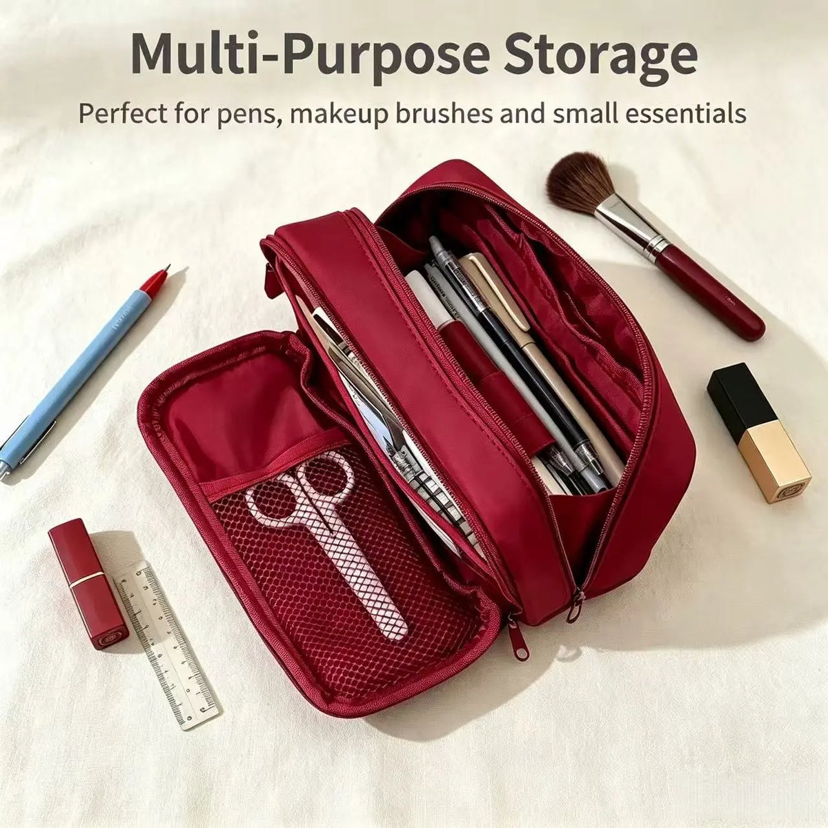 Large Capacity Solid Color Pencil Case with Handle, Nylon Fabric Multi-Layer Pen Bag, Stationery Storage Pouch for School Students, Office Supplies