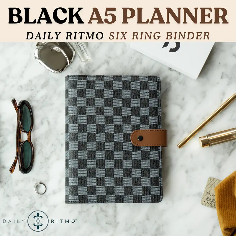 DAILY RITMO A5 Checkered PU Leather Cover 6-Ring Binder - 160-Page 26lb 7"x9" Daily To-Do List Notepad, Easy Care Work Organizer, Planner Accessories, Office Stationery Binder