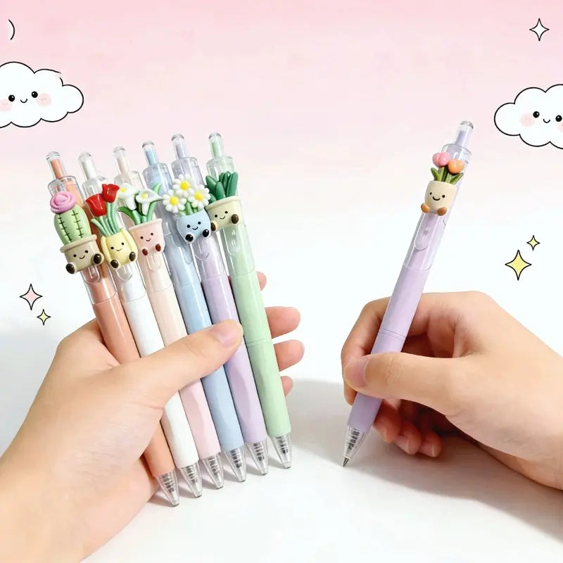 6/12pc Creative Plant Theme Ballpoint Pen Set, Novelty Pens, Retractable Floral Quick-Dry Pens, Ink, Random Colors, Smooth Writing, School & Office Use, Unique Pens