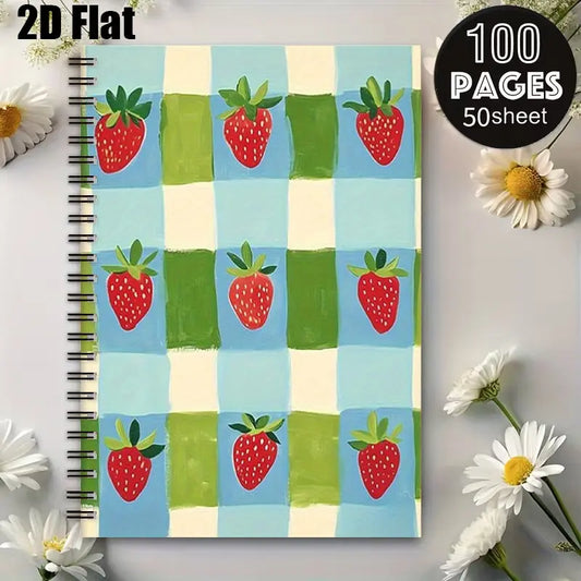 1 Spiral Notebook 5.7x8.26 Inch, Cute Strawberry Plaid Design, Aesthetic Notebook, Lined Pages, Durable Coil Binding, Perfect for Summer Camp Journal, Travel Notes, Daily Planner, Back to School Gift