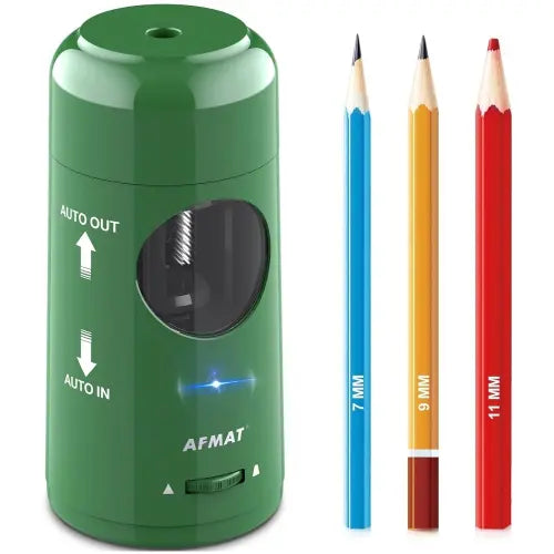 AFMAT Compact Fully Automatic Electric Pencil Sharpener - 2000mAh Rechargeable, USB-C, 3 Modes, Hands-Free Auto In-Out, 5V 2A, Adjustable Sharpness, Kid-Safe Design, Fits 7-11.5mm Jumbo/Mechanical Pencils, Office Stationery for Teachers