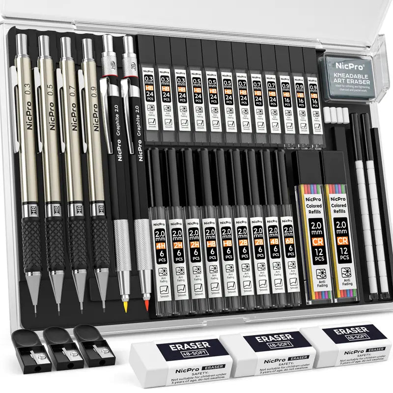 Nicpro 35Pack Art Mechanical Pencil Set, 3 Metal Drafting Pencil 0.5 mm & 0.7 mm & 0.9 mm & 3 Pack 2mm Lead Holder (6B 4B 2B HB 2H 4H Colors) for Sketching Drawing with 20 Tube Lead Refills Case