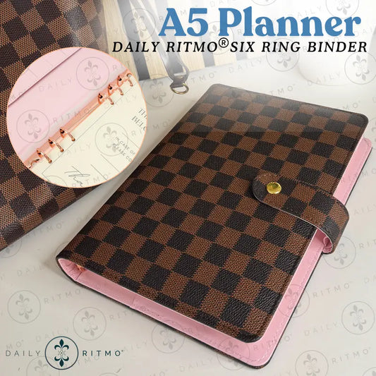 DAILY RITMO A5 Checkered PU Leather Cover 6-Ring Binder - 160-Page 26lb 7"x9" Daily To-Do List Notepad, Easy Care Work Organizer, Planner Accessories, Office Stationery Binder