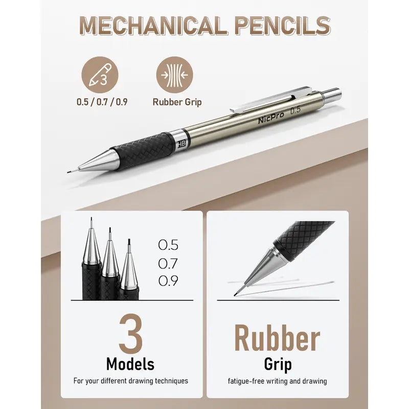 Nicpro 35Pack Art Mechanical Pencil Set, 3 Metal Drafting Pencil 0.5 mm & 0.7 mm & 0.9 mm & 3 Pack 2mm Lead Holder (6B 4B 2B HB 2H 4H Colors) for Sketching Drawing with 20 Tube Lead Refills Case