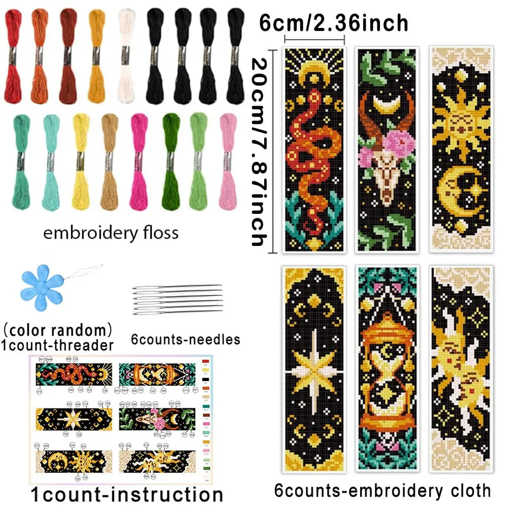 6-Piece Tarot Cross-Stitch Bookmark Kit, Creative Fabric Bookmarks, Includes Printed Fabrics, Embroidery Thread & Embroidery Tools, Ideal for Beginners