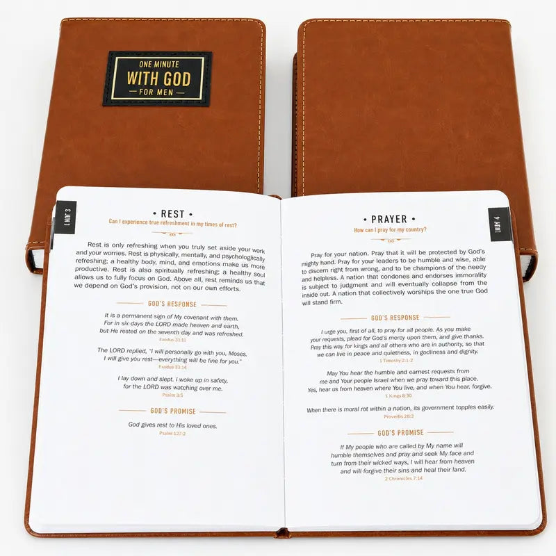 Brown Faux Leather 1-Minute With God Devotional Journal Set - 365 Devotions, Compact, Christian Prayer & Reflection Notebook, Inspire Your Mornings, Daily Guidance, Christmas Holiday Birthday Gift for Men & Women