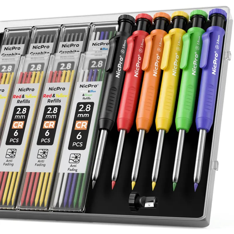Nicpro 6-Pack New Portable Precise Tip Carpenter Mechanical Pencils Set - Heavy Duty for Woodworking, Construction, with Sharpener, Case, Deep Hole Tip Marker, 52 Refills (Office Stationery Writing Tool)