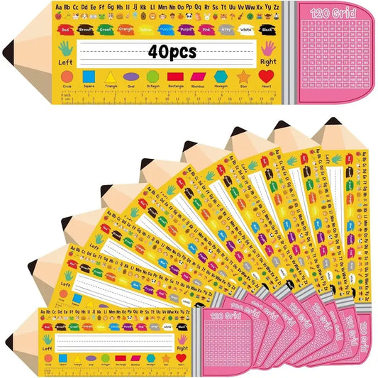 40-Count Pencil-Shaped Paper Name Plates with Large Print, 14" x 4"/35.5 x 10 cm Ruler, Alphabet and Numbers, Colors & Shapes - 1st-3rd Grade Classroom Learning Tool, Multipurpose Manuscript Nametags for Students, Office Stationery Labels