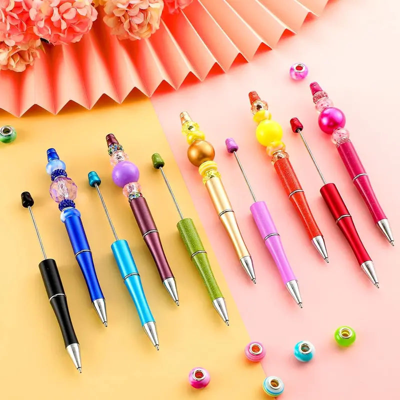 50 Pcs Plastic Beadable Pen Bulk Kit 50 Bead Ballpoint Shaft Black Ink Beaded Pens with 50 Refills for DIY Making Christmas Holiday Gift for Youngers Student Office